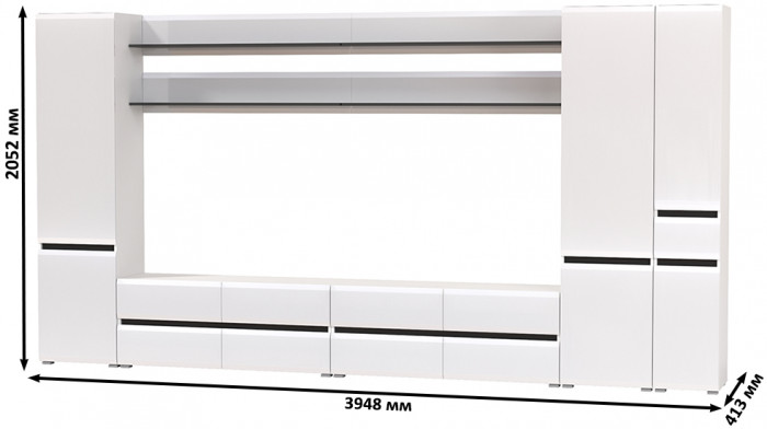 Сидней Комплектация № 117, цвет корпус: белый/чёрный/фасады: МДФ белый глянец, ШхГхВ 394,8х41,3х205,2 см., универсальная сборка