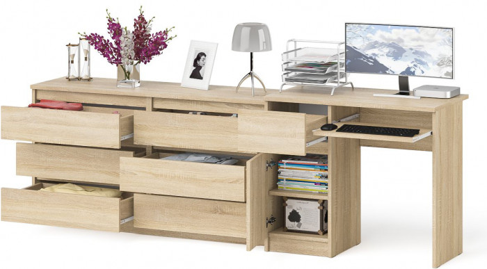 Мори компьютерный стол МС-1 левый + Комод МК1380.6, дуб сонома
