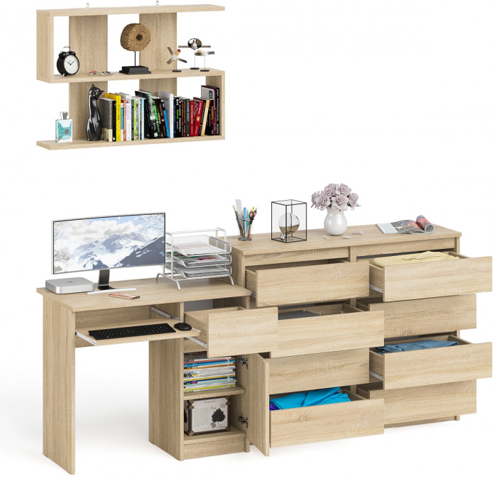 Мори компьютерный стол МС-1 правый + Комод МК1200.8 + Полка 900, дуб сонома