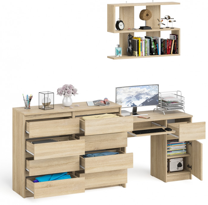 Мори компьютерный стол МС-1 правый + Комод МК1200.8 + Полка 900, дуб сонома