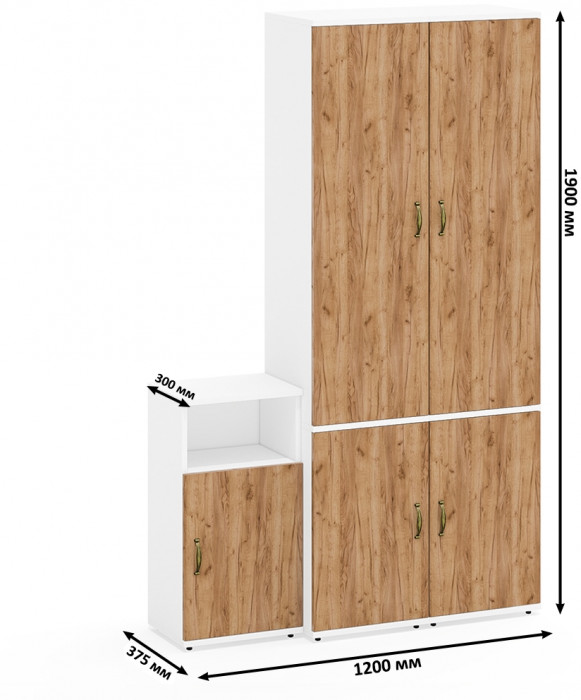 Лидер-8 Пенал МД 21Б + Пенал МД 21Б + Тумба МД 3.19, цвет белый шагрень/крафт золото, ШхГхВ 120х37,5х190 см., универсальная сборка