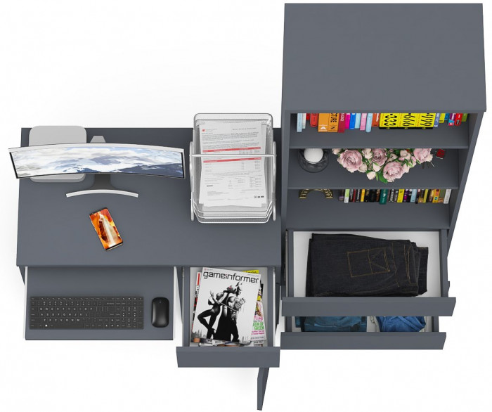 Мори Стол компьютерный МС-1 правый + Стеллаж МСТ600.3, цвет графит, ШхГхВ 150,4х50х179,6 см., выдвижной ящик справа, НЕ универсальная сборка