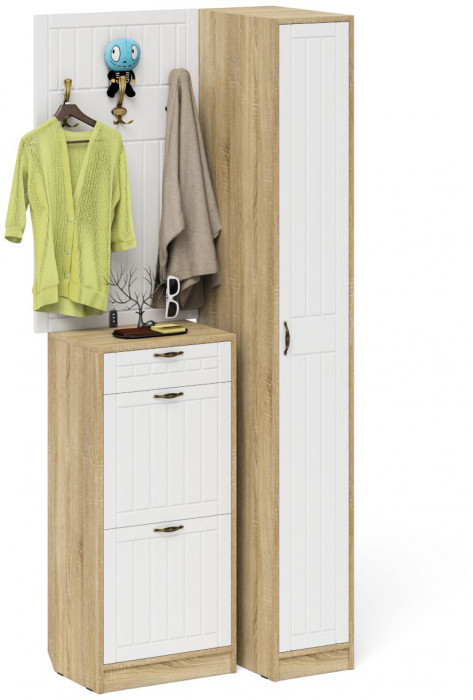 Прихожая П-6 Компоновка № 44, цвет дуб сонома/фасады МДФ белое дерево фрезеровка прованс, ШхГхВ 90х50х210 см., универсальная сборка