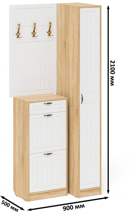 Прихожая П-6 Компоновка № 44, цвет дуб сонома/фасады МДФ белое дерево фрезеровка прованс, ШхГхВ 90х50х210 см., универсальная сборка