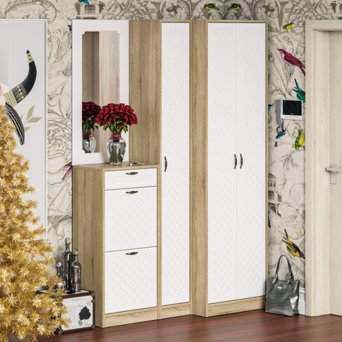 Прихожая П-6 Зеркало, МДФ белое дерево фрезеровка ромб