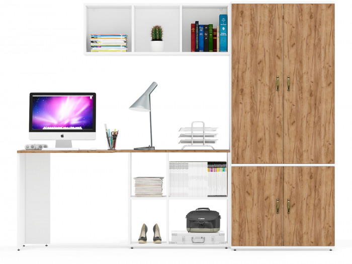 Лидер-8 Стол + Полка + Шкаф МД 19Б, белый шагрень/крафт золото