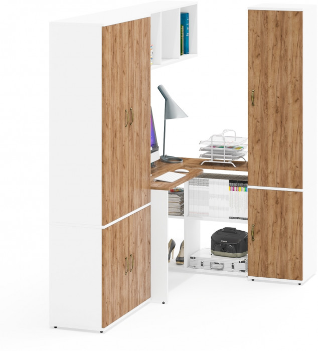 Лидер-8 Шкаф МД 20Б + Стол + Полка + Пенал 22Б, белый шагрень/крафт золото