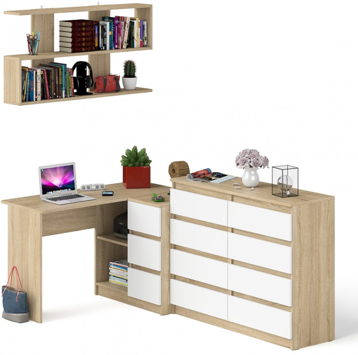 Мори компьютерный стол МС-16 правый + Комод МК1200.8 + Полка 1200, дуб сонома/белый