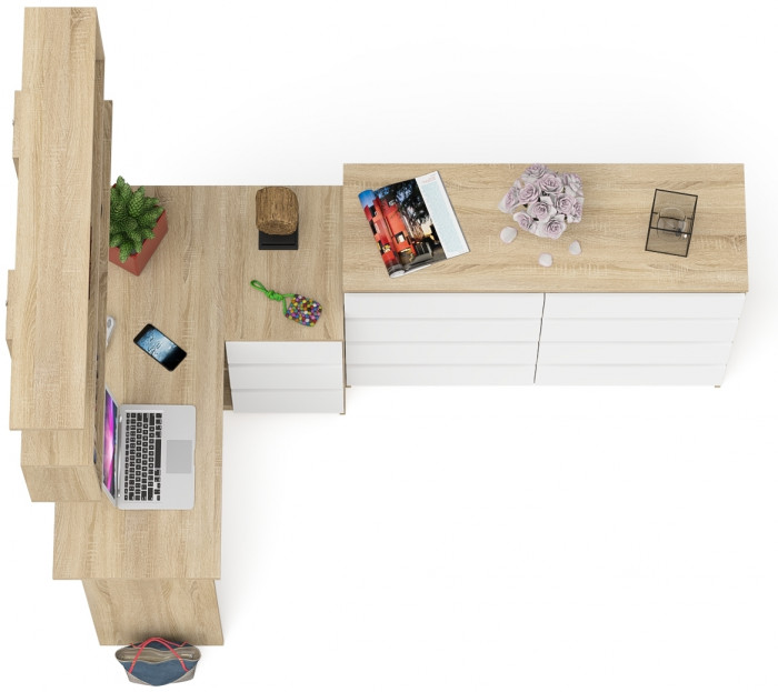 Мори компьютерный стол МС-16 правый + Комод МК1200.8 + Полка 1200, дуб сонома/белый