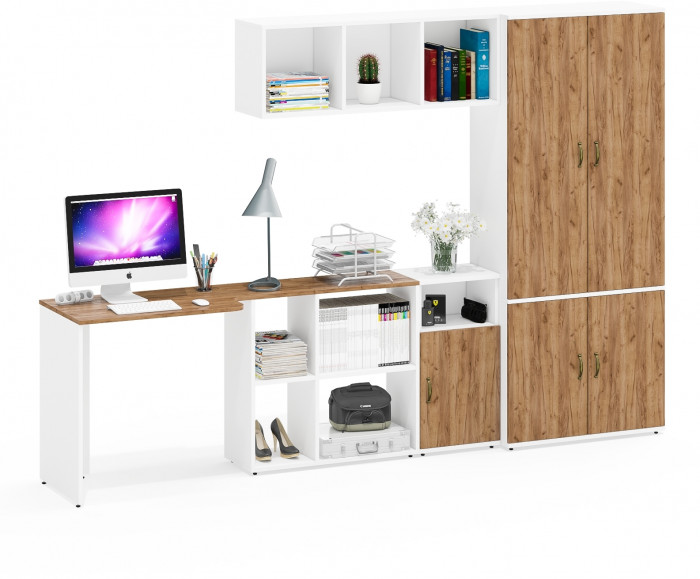 Лидер-8 Стол + Полка + Тумба МД 3.19 + Шкаф МД 20Б, цвет белый шагрень/крафт золото, ШхГхВ 285х50/37,5х75/190 или 115х200/50х75/190 см., НЕ ун. сб.