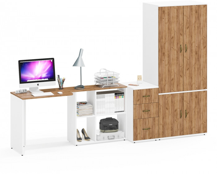 Лидер-8 Стол + Тумба МД 3.16 + Шкаф МД 19Б, цвет белый шагрень/крафт золото, ШхГхВ 285х50/50х75/190 или 115х200/50х75/190 см., НЕ ун. сборка