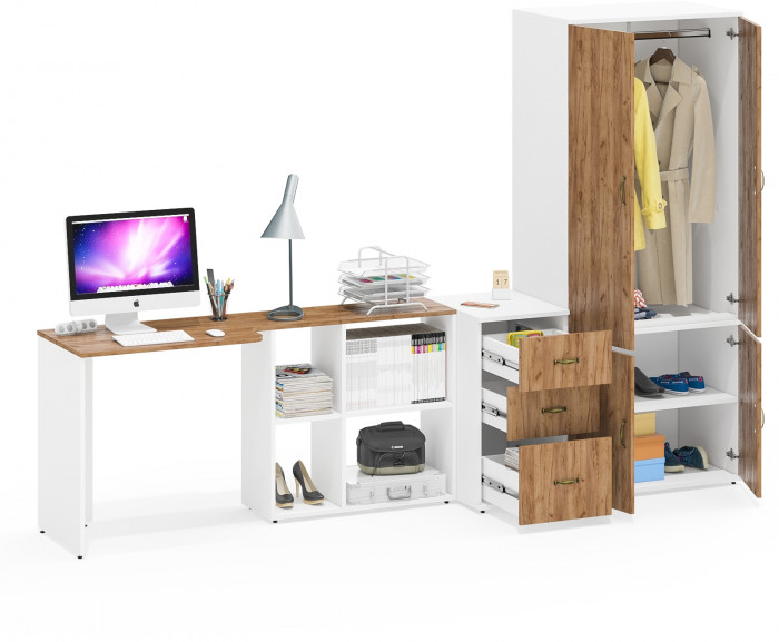 Лидер-8 Стол + Тумба МД 3.16 + Шкаф МД 19Б, цвет белый шагрень/крафт золото, ШхГхВ 285х50/50х75/190 или 115х200/50х75/190 см., НЕ ун. сборка