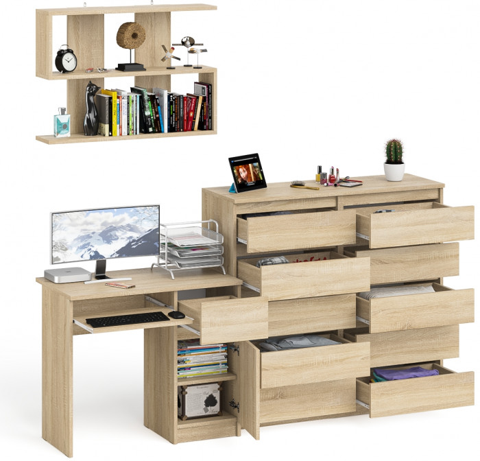 Мори Стол компьютерный МС-1 правый + Комод МК1200.10 + Полка 900, цвет дуб сонома, ШхГхВ 210,4х50х209,6 см., НЕ универсальная сборка