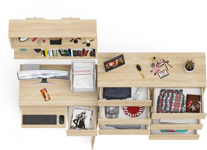 Мори Стол компьютерный МС-1 правый + Комод МК1200.10 + Полка 900, цвет дуб сонома, ШхГхВ 210,4х50х209,6 см., НЕ универсальная сборка