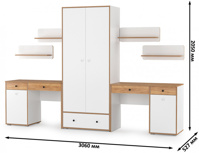 Вуди Компоновка № 27, цвет белый премиум/дуб крафт золотой, ШхГхВ 306х52,7х205 см., универсальная сборка
