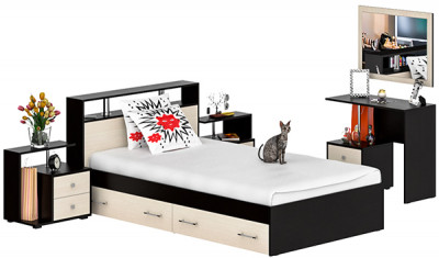 Камелия спальня № 13 Кровать с ящиками 1200 + Две тумбы + Стол косметич. + Зеркало, цвет венге/дуб лоредо, сп.м. 1200х2000 мм., б/м, основание есть