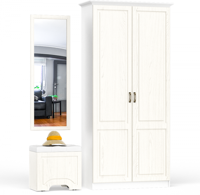 Ливерпуль Пуф 14.02 + Зеркало 03.242 + Шкаф для одежды + карниз 1000, ясень ваниль/белый