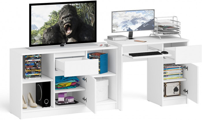 Мори компьютерный стол МС-1 правый + Тумба МТВ1204.1, белый