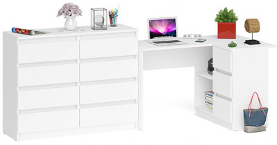 Мори компьютерный стол МС-16 правый + Комод МК1200.8, белый