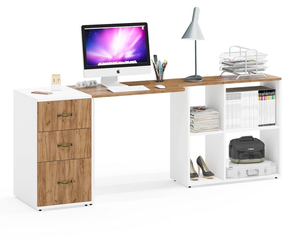 Лидер-8 Стол + Тумба МД 3.16, цвет белый шагрень/крафт золото, ШхГхВ 205х50/30х75 см. или 115х50/120х75 см., НЕ универсальная сборка