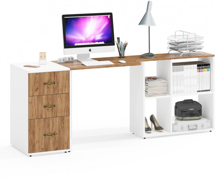 Лидер-8 Стол + Тумба МД 3.16, цвет белый шагрень/крафт золото, ШхГхВ 205х50/30х75 см. или 115х50/120х75 см., НЕ универсальная сборка