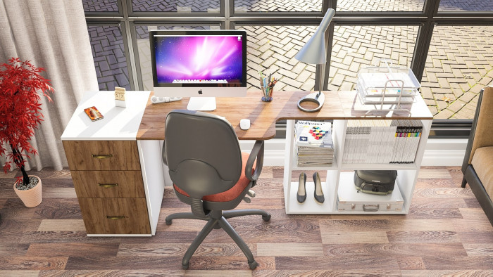 Лидер-8 Стол + Тумба МД 3.16, цвет белый шагрень/крафт золото, ШхГхВ 205х50/30х75 см. или 115х50/120х75 см., НЕ универсальная сборка