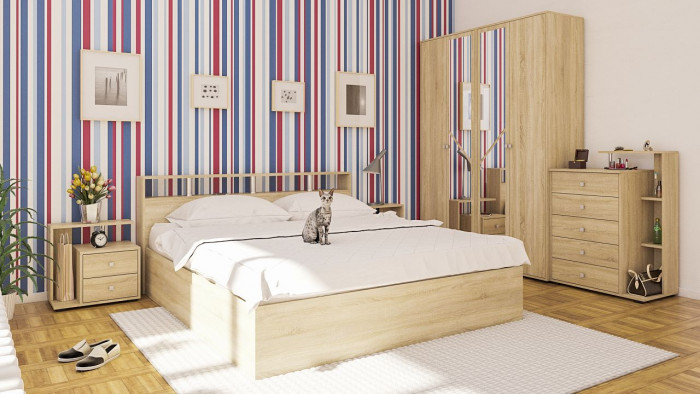 Камелия Кровать с ящиками 1800 + две тумбы, дуб сонома