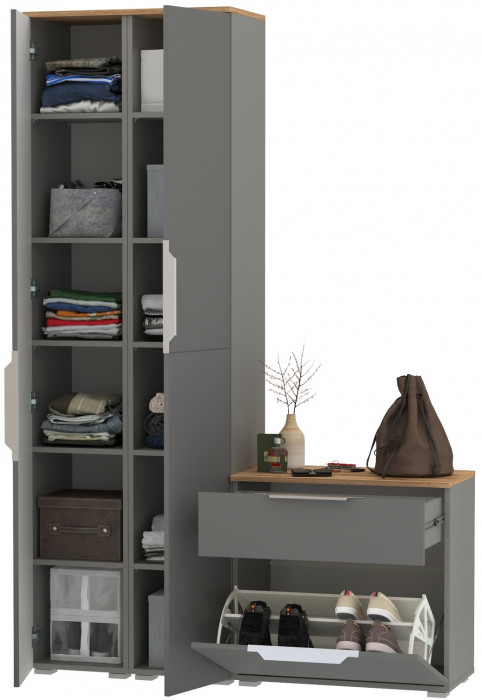 Октава Прихожая 17, цвет серый графит/дуб крафт золотой/фасады МДФ серый графит, ШхГхВ 129,3х35,4х197,6 см., универсальная сборка