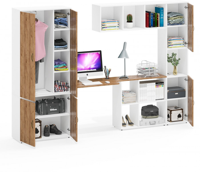 Лидер-8 Шкаф МД 20Б + Стол + Полка + Пенал, белый шагрень/крафт золото