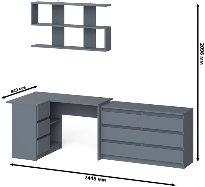 Мори компьютерный стол МС-16 левый + Комод МК1200.6 + Полка 1200, графит