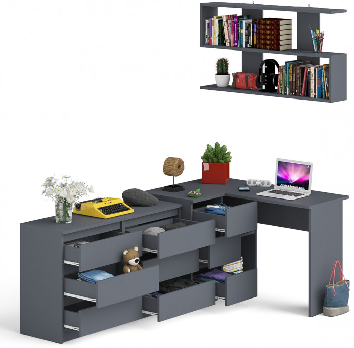 Мори компьютерный стол МС-16 левый + Комод МК1200.6 + Полка 1200, графит