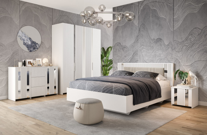 Кровать KING-SIZE 180х200 "Харди" с зеркальными вставками - Белый текстурный/Ясень белый