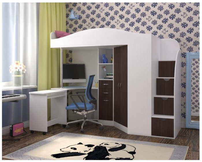 Кровать-чердак Юниор 4 (Ясень Анкор Темный/Дуб молочный)