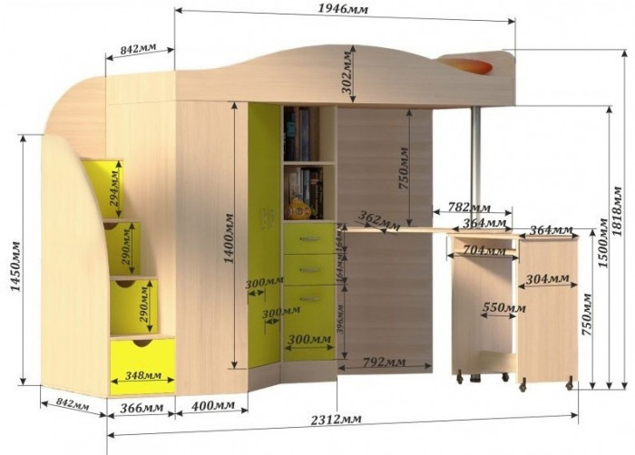 Кровать-чердак Юниор 4 (Ясень Анкор Темный/Дуб молочный)