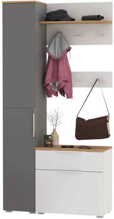 Октава Прихожая 50, цвет белый шагрень/серый графит/дуб крафт золотой/фасады МДФ белый шагрень/серый графит, ШхГхВ 97,1х35,4х197,6 см., ун. сб.