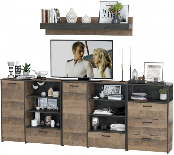 Трувор Гостиная 005, цвет дуб гранж песочный/интра, ШхГхВ 284х37х195 см., универсальная сборка