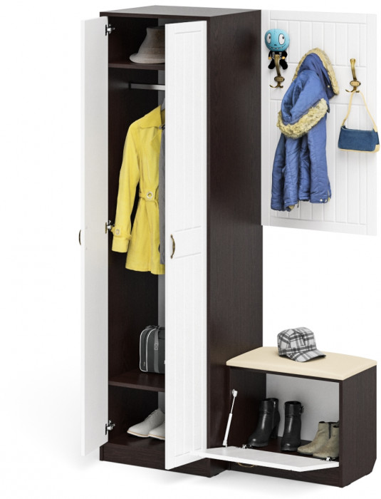 Прихожая П-6 Компоновка № 12, цвет венге/фасады МДФ белое дерево фрезеровка прованс, ШхГхВ 120х50х210 см., универсальная сборка