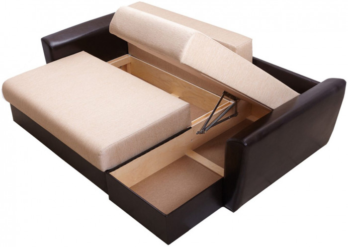 Диван-кровать угловой Амстердам, 150х200, еврокнижка, независимый пружинный блок, рогожка/экокожа, бежево-коричневый