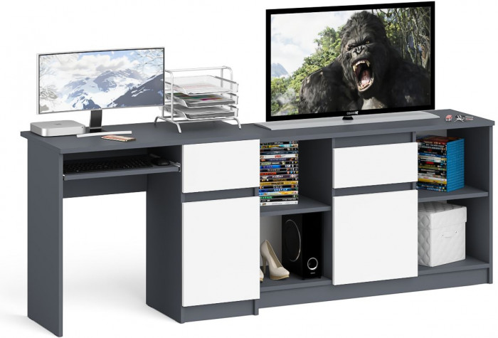 Мори компьютерный стол МС-1 правый + Тумба МТВ1204.1, графит/белый