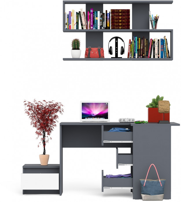 Мори компьютерный стол МС-16 правый + Тумба ТМП400.1 + Полка 1200, графит/белый