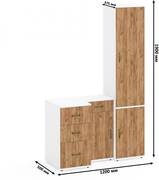 Лидер-8 Пенал МД 21Б + Тумба МД 3.15 + Тумба МД 3.16, цвет белый шагрень/крафт золото, ШхГхВ 120х50х190 см., универсальная сборка
