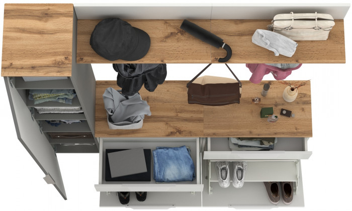 Октава Прихожая 52, цвет белый шагрень/серый графит/дуб крафт золотой/фасады МДФ белый шагрень/серый графит, ШхГхВ 162х35,4х197,6 см., ун. сборка