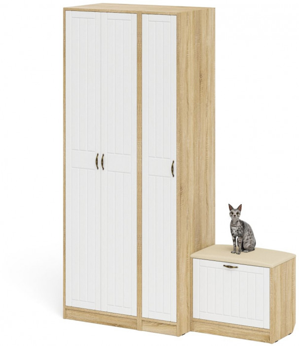 Прихожая П-6 Компоновка № 45, цвет дуб сонома/фасады МДФ белое дерево фрезеровка прованс, ШхГхВ 150х50х210 см., универсальная сборка