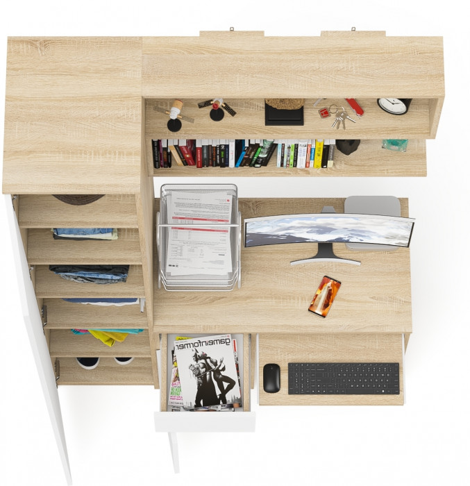 Мори Стол компьютерный МС-1 левый + Пенал МШ400.1 + Полка 900, цвет дуб сонома/белый, ШхГхВ 130,4х50,4х209,6 см., НЕ универсальная сборка
