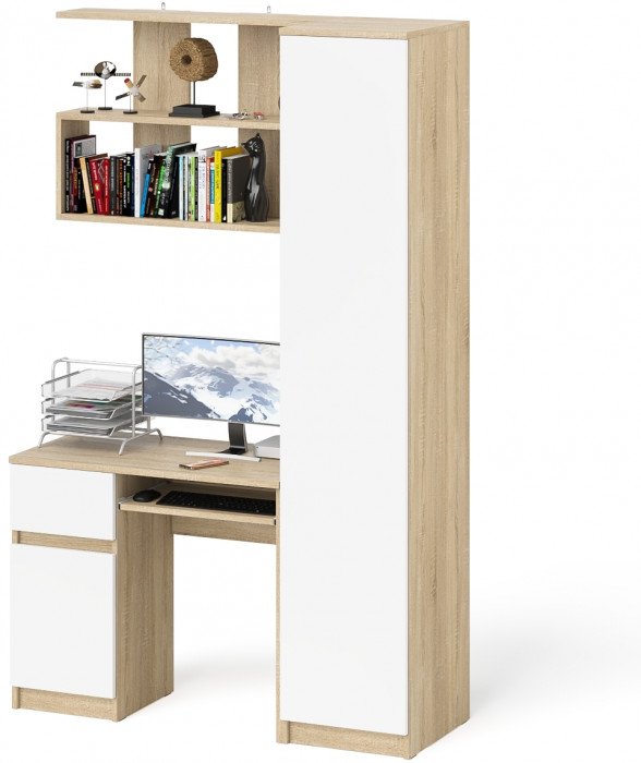 Мори Стол компьютерный МС-1 левый + Пенал МШ400.1 + Полка 900, цвет дуб сонома/белый, ШхГхВ 130,4х50,4х209,6 см., НЕ универсальная сборка