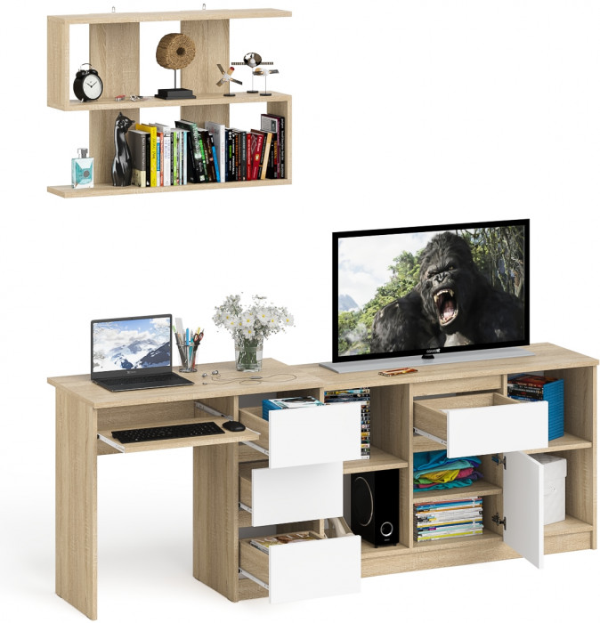 Мори Стол компьютерный МС-6 правый + Тумба МТВ1204.1 + Полка 900, цвет дуб сонома/белый, ШхГхВ 210,4х50х209,6 см., НЕ универсальная сборка