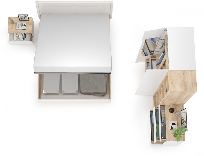 Муссон Спальня № 04, цвет белый/дуб эндгрейн элегантный/искусственная кожа белая, подъёмный ортопед, сп. м. 1600х2000 мм., б/м