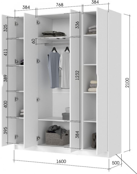 РУНА ШК 04 Шкаф 4-х створчатый Фасад БЕЛЫЙ/Корпус БЕЛЫЙ