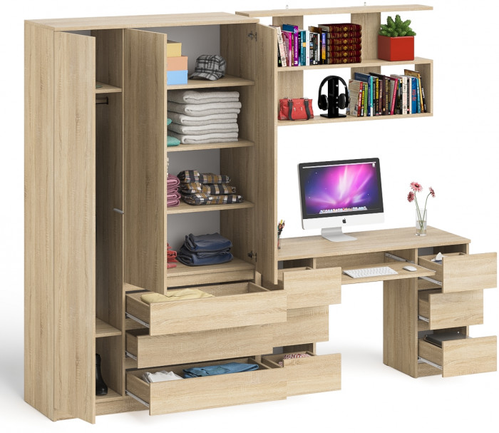Мори компьютерный стол МС-2 + Шкаф МШ1200.1 + Полка 1200, дуб сонома