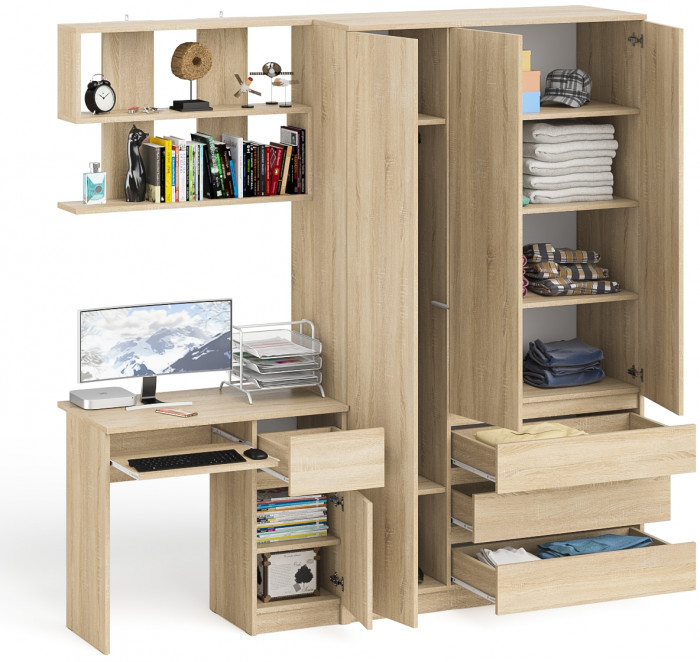 Мори компьютерный стол МС-1 правый + Шкаф МШ1200.1 + Полка 900, дуб сонома